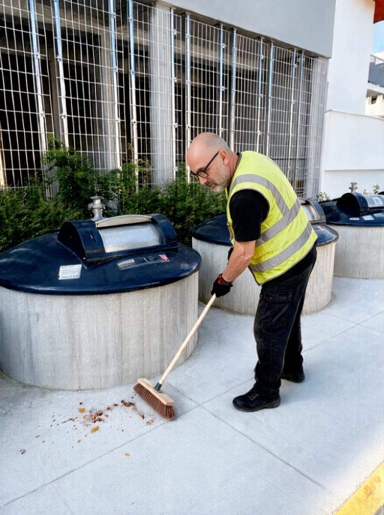 Un agent de maintenance nettoie les abords de conteneurs enterrés
