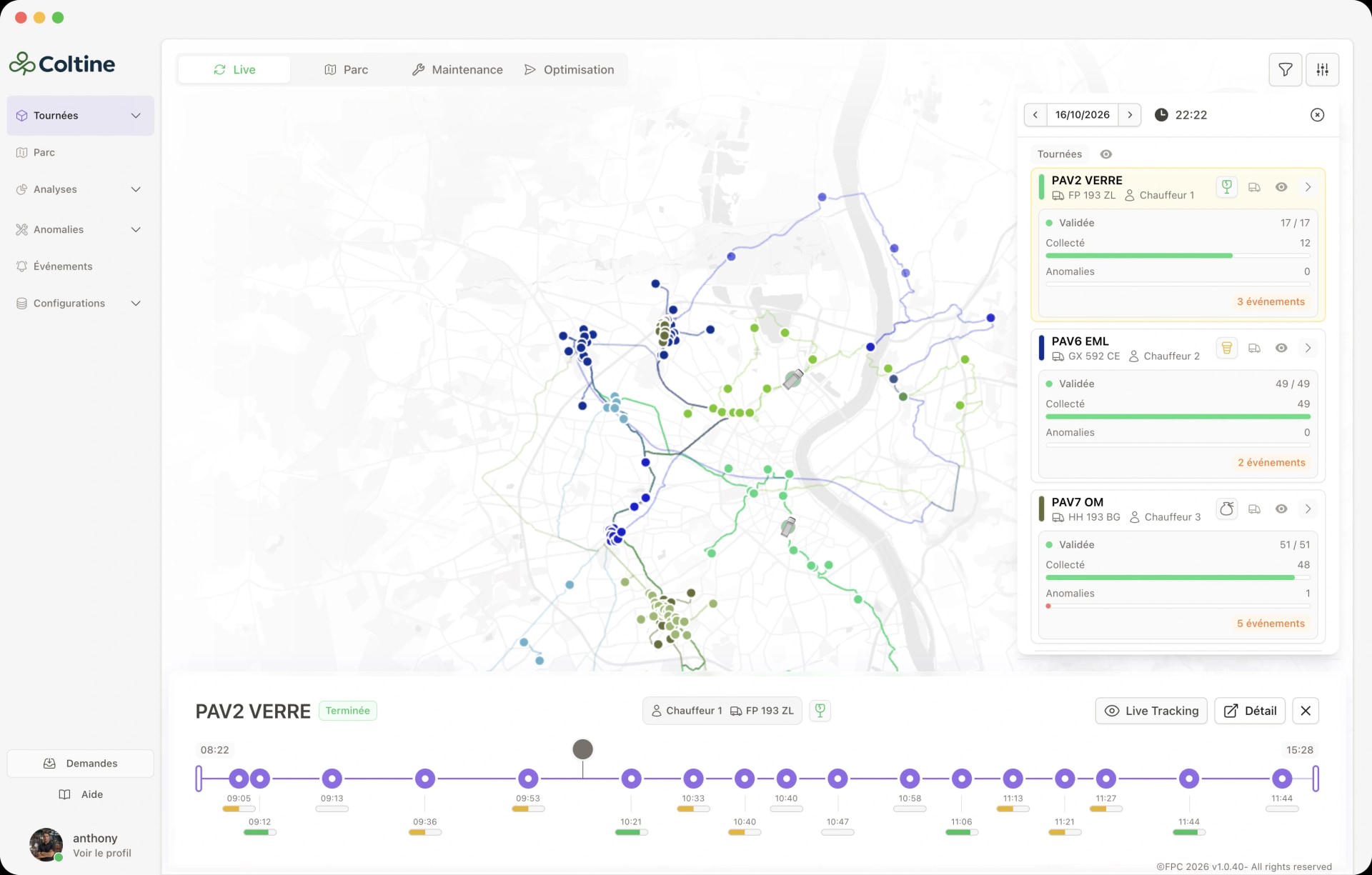 Coltine live: map of the day's routes, tracking of each route and collection timeline
